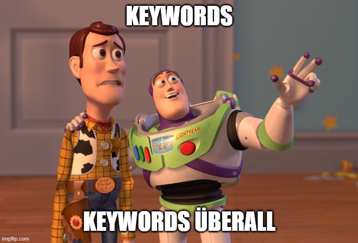 Ein Meme von Buzz Lightyear, der zu Woodie „Keywords, Keywords überall“ sagt.