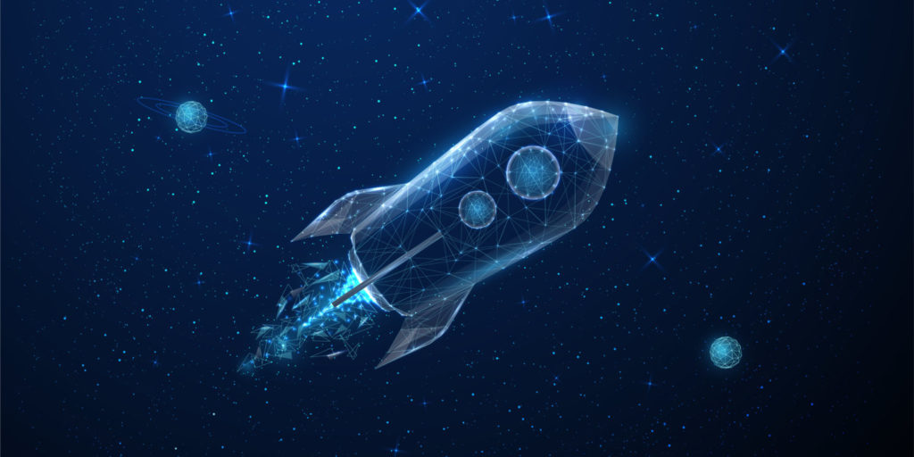 Eine animierte Rakete fliegt durchs All - ein Symbolbild für das Durchstarten mit Marketingtipps 2022.