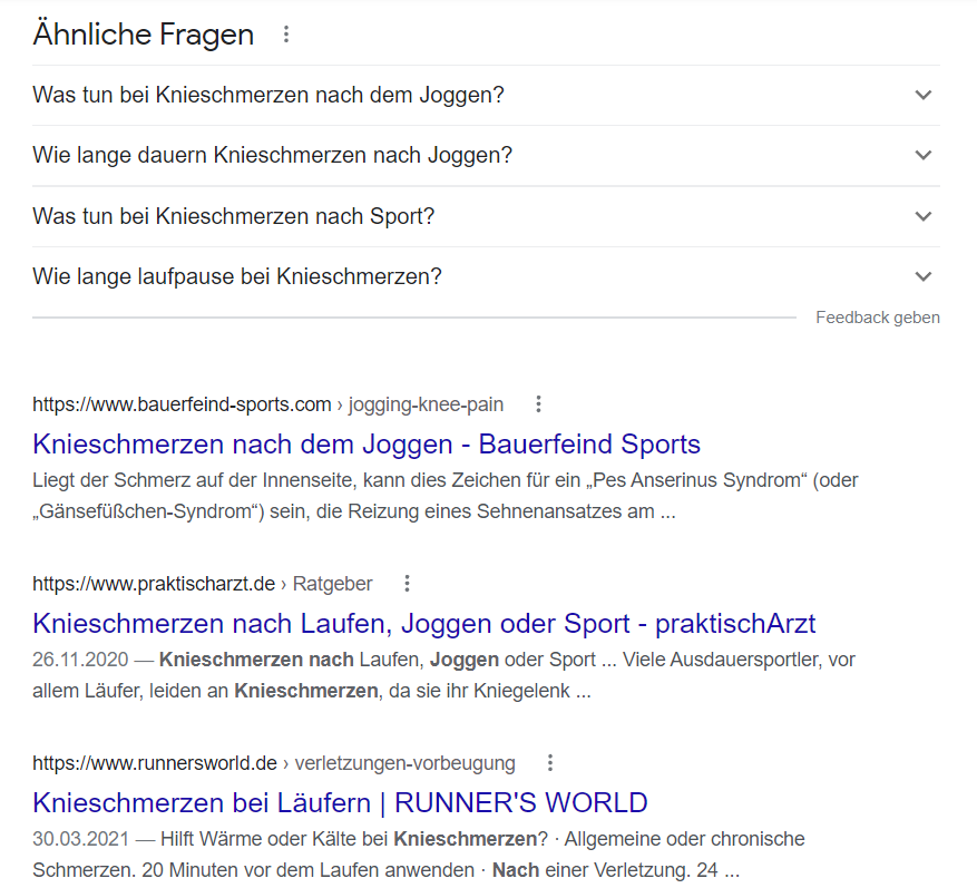 Ein Screenshot der Google-Suchergebnisse zu "Knieschmerzen nach Joggen" als Beispiel für die Awareness-Phase des ACCRA-Modells. 