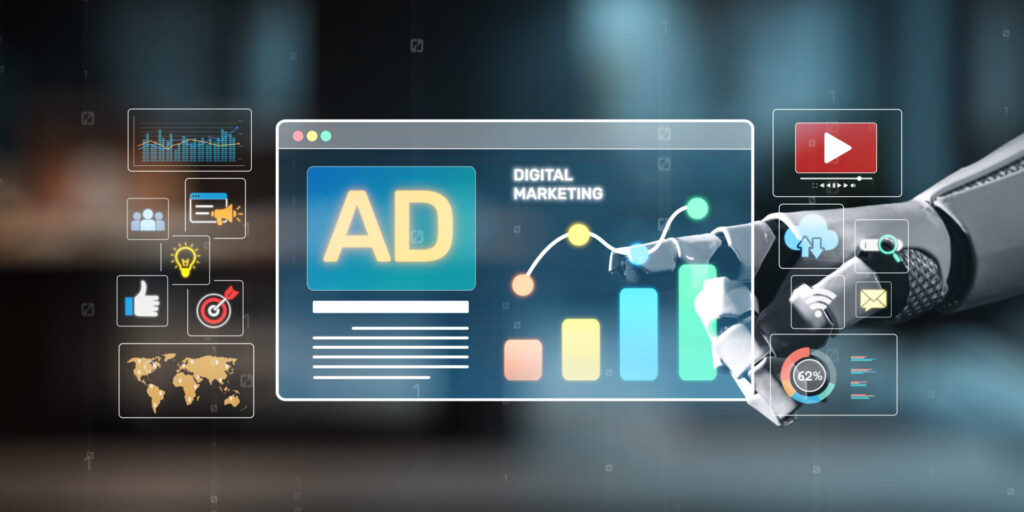 Eine Roboterhand berührt einen digitalen Rahmen, der Werbeanzeigen zeigt. Ein Sinnbild für ChatGPT Ads.