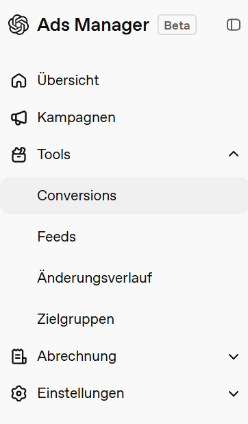 Screenshot der Tools in der aktuellen Betaversion des Ads Managers von ChatGPT.