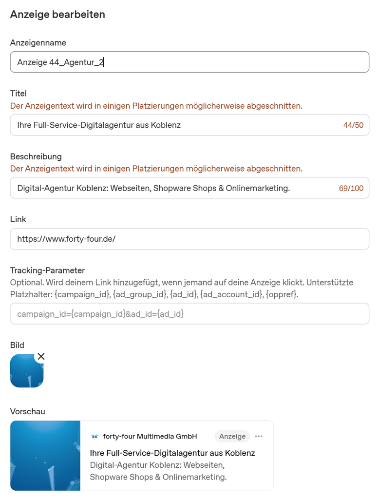 Screenshot der Eingabemaske für Anzeigeninhalte bei ChatGPT Ads.